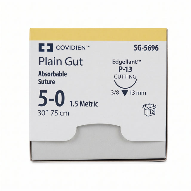 Covidien Plain Gut Suture, Premium Reverse Cutting, Size 5-0, 30", Needle P-13, 3/8 Circle. MPN: SG5696
