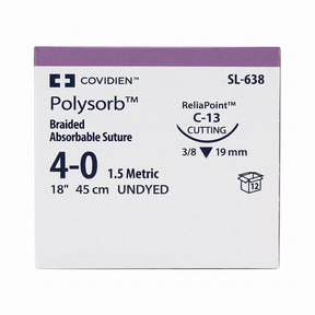 Covidien POLYSORB Suture, Reverse Cutting, Size 4-0, Undyed, 18", Needle C-13. MPN: SL638