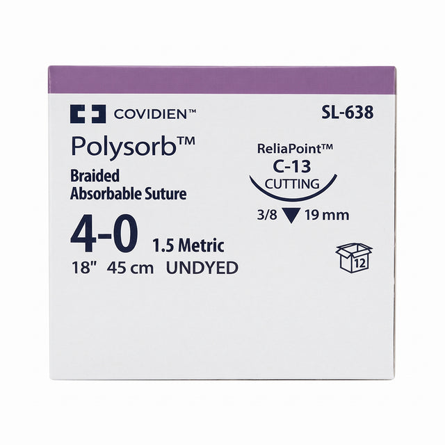 Covidien POLYSORB Suture, Reverse Cutting, Size 4-0, Undyed, 18", Needle C-13. MPN: SL638