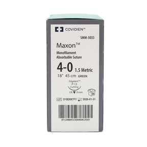 Covidien MAXON Suture, Premium Reverse Cutting, Size 4-0, Green, 18", Needle P-12, 3/8 Circle. MPN: SMM5033