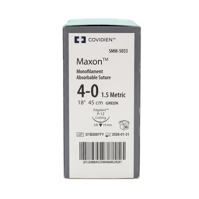 Covidien MAXON Suture, Premium Reverse Cutting, Size 4-0, Green, 18", Needle P-12, 3/8 Circle. MPN: SMM5033