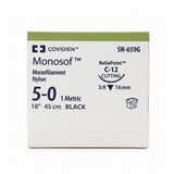 Covidien MONOSOF Nylon Suture, Reverse Cut, Size 5-0, Black, 18", Needle C-12, 3/8 Circle. MPN: SN659G