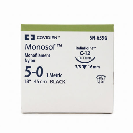 Covidien MONOSOF Nylon Suture, Reverse Cut, Size 5-0, Black, 18", Needle C-12, 3/8 Circle. MPN: SN659G