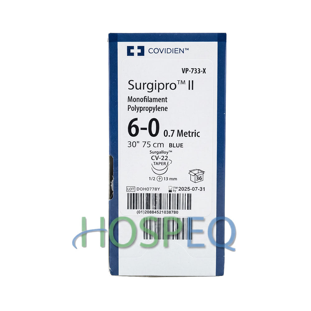 Covidien SURGIPRO II Suture, Taper Point, Size 6-0, Blue, 30", Needle CV-22, 1/2 Circle. MPN: VP733X