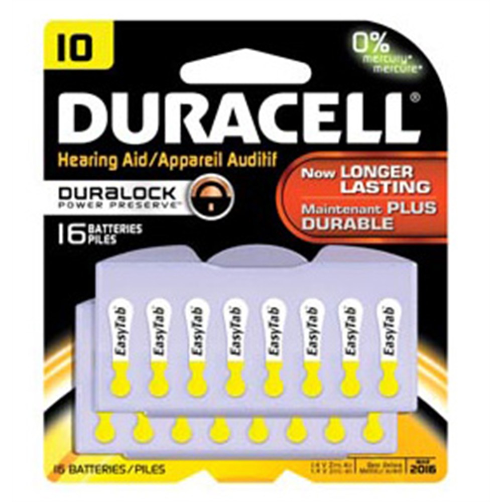 DURACELL Hearing Aid Battery, Zinc Air, Size 10, 16/pk, 6 pk/bx, 6 bx/cs. MPN: DA10B16