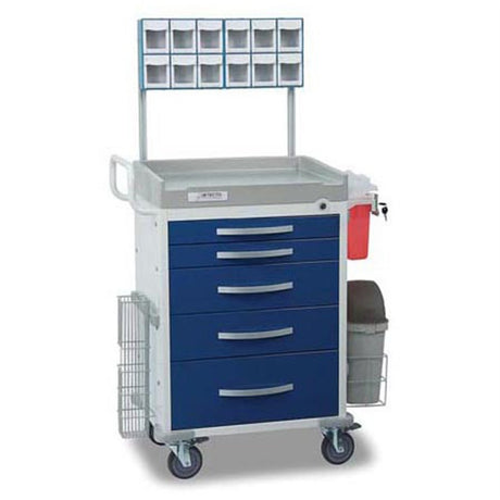 DETECTO RESCUE Anesthesiology Cart, White Frame, 5 BLUE Drawers, Loaded, Keyed Lock. MPN: RC33669BLU-L