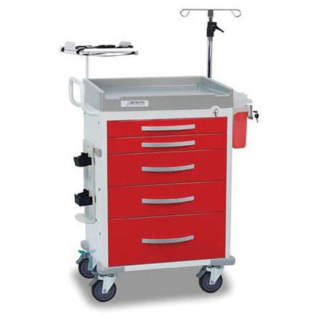 DETECTO RESCUE Emergency Room Cart, White Frame, 5 RED Drawers, Loaded, Emergency Lock. MPN: RC33669RED-L
