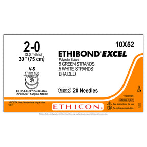 Ethicon ETHIBOND EXCEL Polyester Suture, Size: 2-0, Needle: V-5, V-5, GRN/WHT, 6/bx. MPN: 10X52N