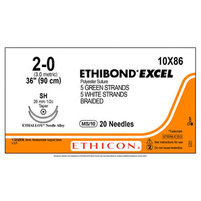 Ethicon ETHIBOND EXCEL Polyester Suture, Size: 2-0, Needle: SH, SH, GRN/WHT, 6/bx. MPN: 10X86N