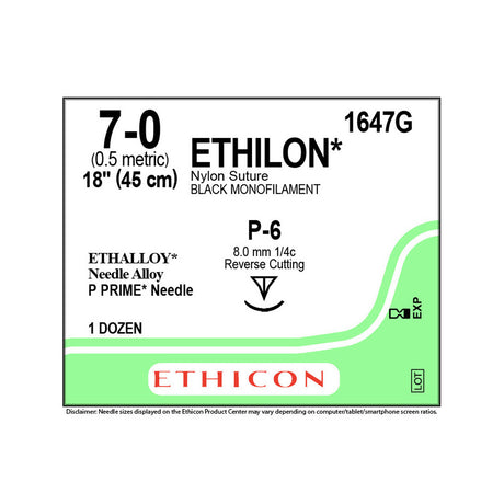 Ethicon ETHILON Nylon Suture, Size: 7-0, Needle: P-6, BLACK, 12/bx. MPN: 1647G