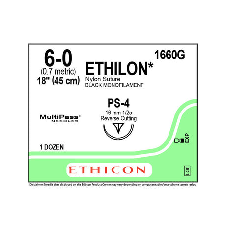 Ethicon ETHILON Nylon Suture, Size: 6-0, Needle: PS-4, BLACK, 12/bx. MPN: 1660G