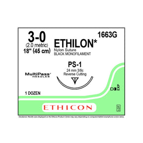 Ethicon ETHILON Nylon Suture, Size: 3-0, Needle: PS-1, BLACK, 12/bx. MPN: 1663G