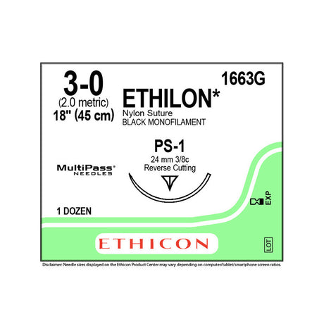 Ethicon ETHILON Nylon Suture, Size: 3-0, Needle: PS-1, BLACK, 12/bx. MPN: 1663G