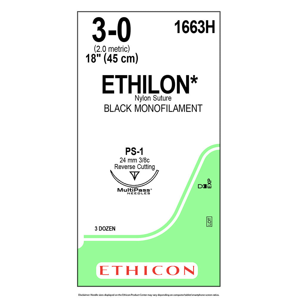 Ethicon ETHILON Nylon Suture, Size: 3-0, Needle: PS-1, BLACK, 36/bx. MPN: 1663H