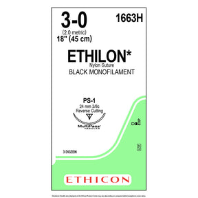 Ethicon ETHILON Nylon Suture, Size: 3-0, Needle: PS-1, BLACK, 36/bx. MPN: 1663H