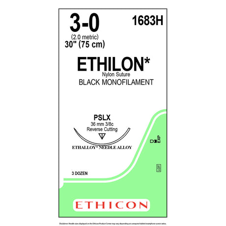 Ethicon ETHILON Nylon Suture, Size: 3-0, Needle: PSLX, BLACK, 36/bx. MPN: 1683H