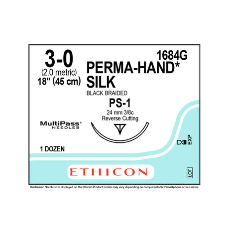 Ethicon PERMAHAND Silk Suture, Size: 3-0, Needle: PS-1, BLACK, 12/bx. MPN: 1684G