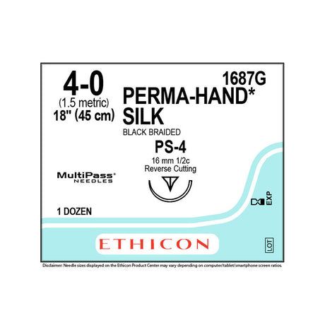 Ethicon PERMAHAND Silk Suture, Size: 4-0, Needle: PS-4, BLACK, 12/bx. MPN: 1687G