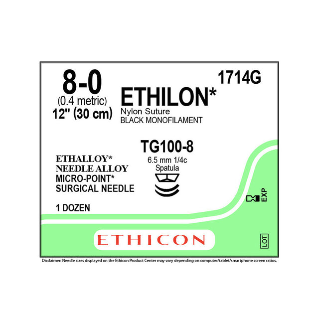 Ethicon ETHILON Nylon Suture, Size: 8-0, Needle: TG100-8, TG100-8, BLACK, 12/bx. MPN: 1714G