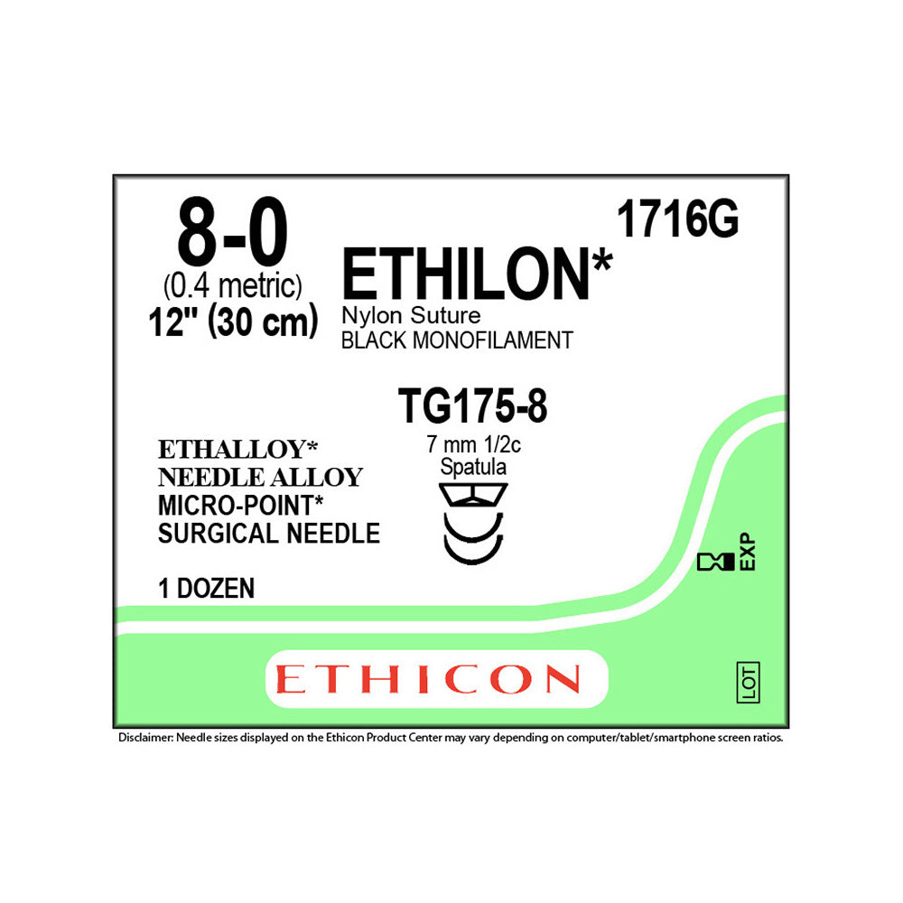Ethicon ETHILON Nylon Suture, Size: 8-0, Needle: TG175-8, TG175-8, BLACK, 12/bx. MPN: 1716G