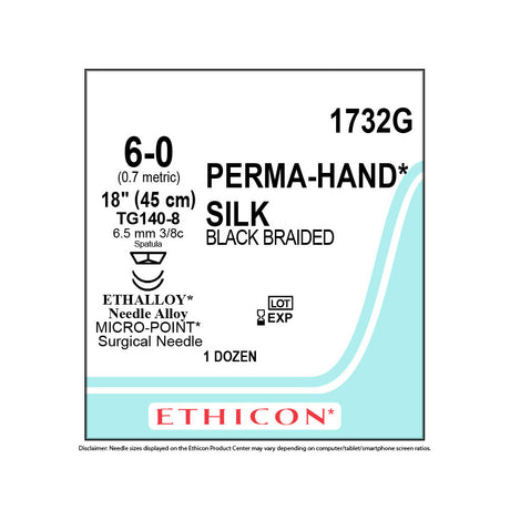 Ethicon PERMAHAND Silk Suture, Size: 6-0, Needle: TG140-8, TG140-8, BLACK, 12/bx. MPN: 1732G
