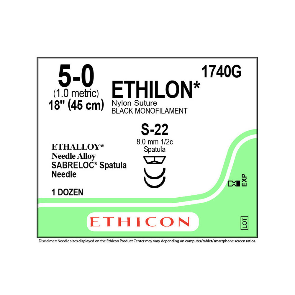 Ethicon ETHILON Nylon Suture, Size: 5-0, Needle: S-22, S-22, BLACK, 12/bx. MPN: 1740G
