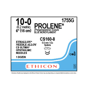 Ethicon PROLENE Polypropylene Suture, Size: 10-0, Needle: CS160-8, CS160-8, BLUE, 12/bx. MPN: 1755G