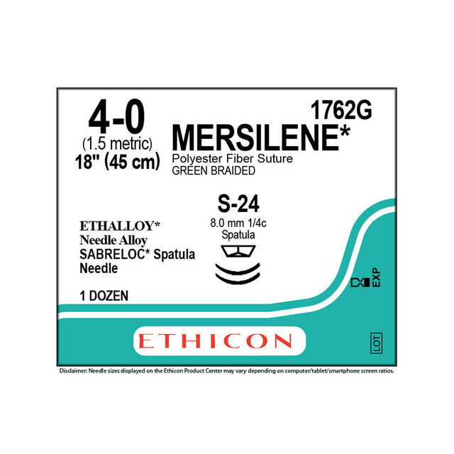 Ethicon MERSILENE Polyester Fiber Suture, Size: 4-0, Needle: S-24, S-24, GREEN, 12/bx. MPN: 1762G