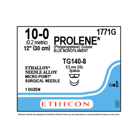 Ethicon PROLENE Polypropylene Suture, Size: 10-0, Needle: TG140-8, TG140-8, BLUE, 12/bx. MPN: 1771G