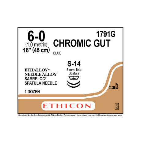 Ethicon Surgical Gut Suture - Chromic, Size: 6-0, Needle: S-14, S-14, BLUE, 12/bx. MPN: 1791G