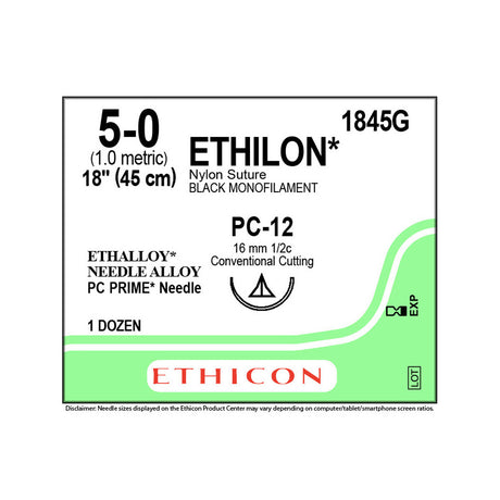 Ethicon ETHILON Nylon Suture, Size: 5-0, Needle: PC-12, BLACK, 12/bx. MPN: 1845G