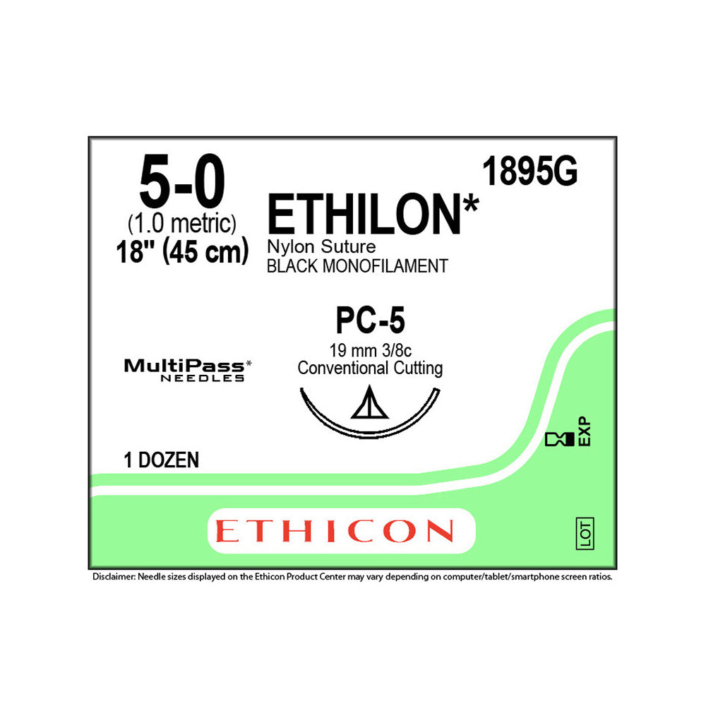 Ethicon ETHILON Nylon Suture, Size: 5-0, Needle: PC-5, BLACK, 12/bx. MPN: 1895G
