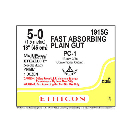 Ethicon Surgical Gut Suture - Plain, Size: 5-0, Needle: PC-1, Fast Absorbing, YELLOWISH TAN, 12/bx. MPN: 1915G