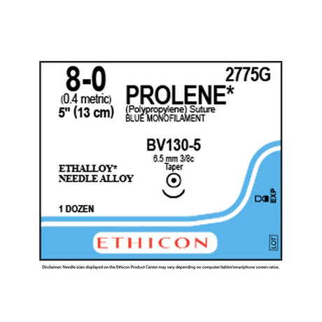 Ethicon PROLENE Polypropylene Suture, Size: 8-0, Needle: BV130-5, BLUE, 12/bx. MPN: 2775G