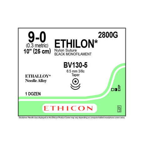 Ethicon ETHILON Nylon Suture, Size: 9-0, Needle: BV130-5, BV130-5, BLACK, 12/bx. MPN: 2800G