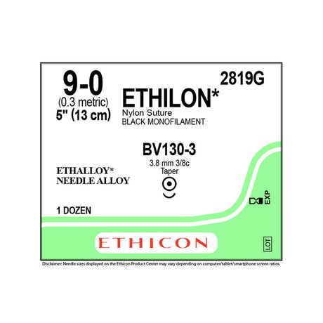 Ethicon ETHILON Nylon Suture, Size: 9-0, Needle: BV130-3, BLACK, 12/bx. MPN: 2819G