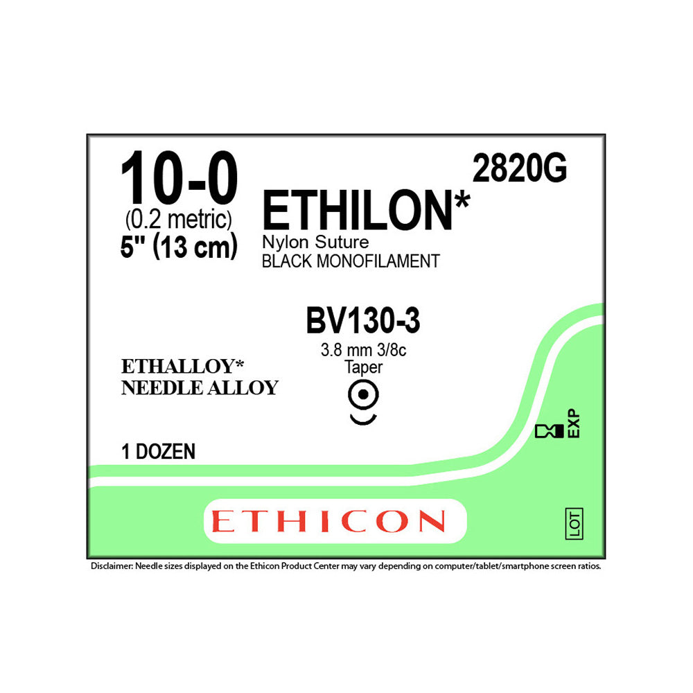 Ethicon ETHILON Nylon Suture, Size: 10-0, Needle: BV130-3, BLACK, 12/bx. MPN: 2820G