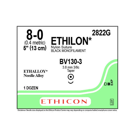 Ethicon ETHILON Nylon Suture, Size: 8-0, Needle: BV130-3, BLACK, 12/bx. MPN: 2822G