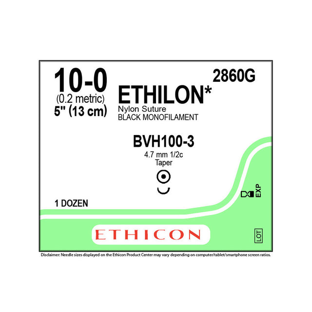 Ethicon ETHILON Nylon Suture, Size: 10-0, Needle: BVH100-3, BLACK, 12/bx. MPN: 2860G