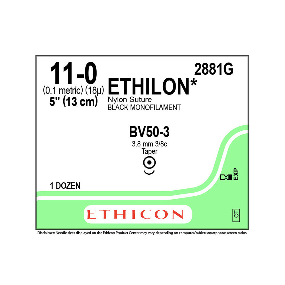 Ethicon ETHILON Nylon Suture, Size: 11-0, Needle: BV50-3, BLACK, 12/bx. MPN: 2881G