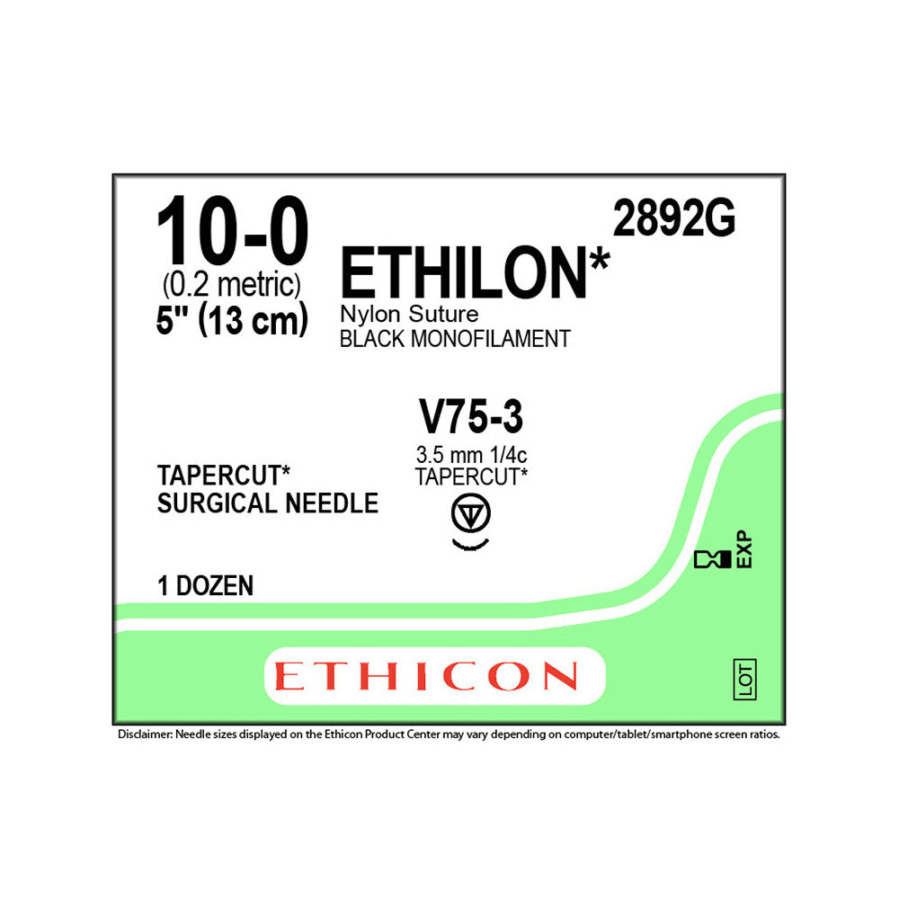 Ethicon ETHILON Nylon Suture, Size: 10-0, Needle: V75-3, BLACK, 12/bx. MPN: 2892G
