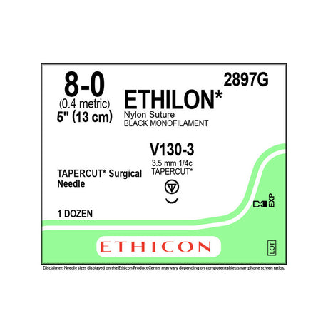 Ethicon ETHILON Nylon Suture, Size: 8-0, Needle: V130-3, BLACK, 12/bx. MPN: 2897G