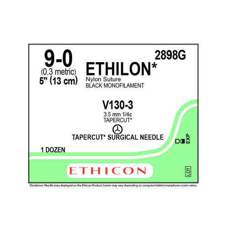 Ethicon ETHILON Nylon Suture, Size: 9-0, Needle: V130-3, BLACK, 12/bx. MPN: 2898G