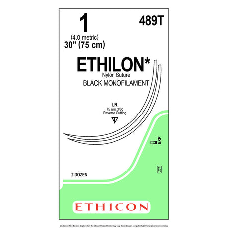 Ethicon ETHILON Nylon Suture, Size: 1, Needle: LR, LR, BLACK, 24/bx. MPN: 489T