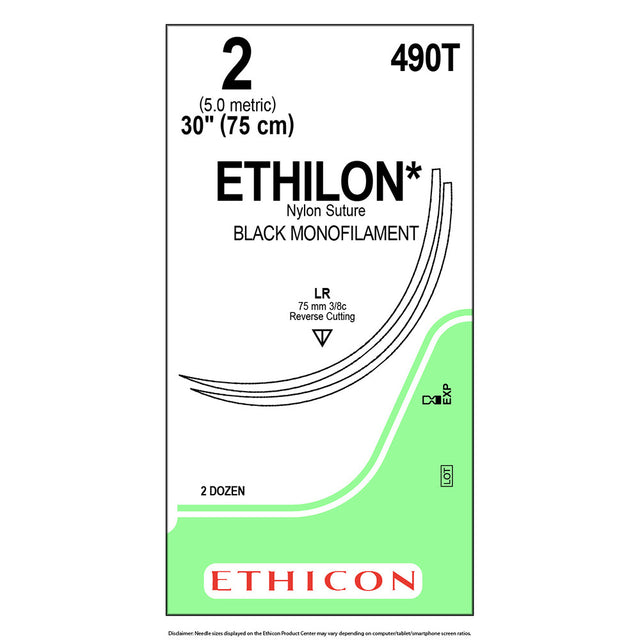 Ethicon ETHILON Nylon Suture, Size: 2, Needle: LR, LR, BLACK, 24/bx. MPN: 490T
