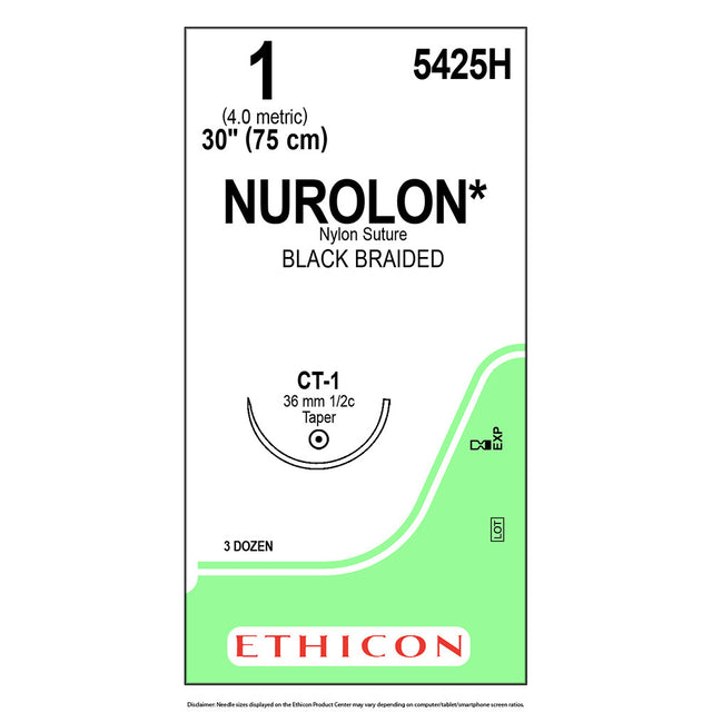 Ethicon NUROLON Nylon Suture, Size: 1, Needle: CT-1, BLACK, 36/bx. MPN: 5425H