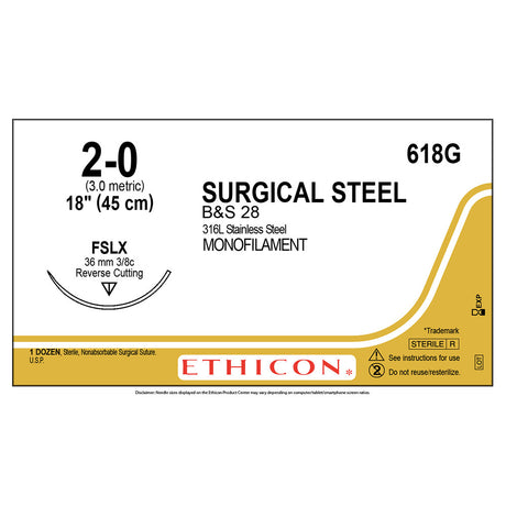 Ethicon Surgical Stainless Steel Suture, Size: 2-0, Needle: FSLX, SILVER, 12/bx. MPN: 618G