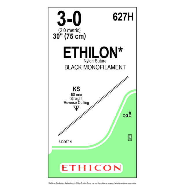 Ethicon ETHILON Nylon Suture, Size: 3-0, Needle: KS, BLACK, 36/bx. MPN: 627H