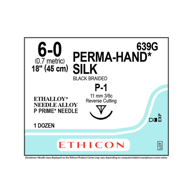 Ethicon PERMAHAND Silk Suture, Size: 6-0, Needle: P-1, BLACK, 12/bx. MPN: 639G