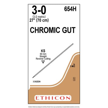 Ethicon Surgical Gut Suture - Chromic, Size: 3-0, Needle: KS, UNDYED, 36/bx. MPN: 654H